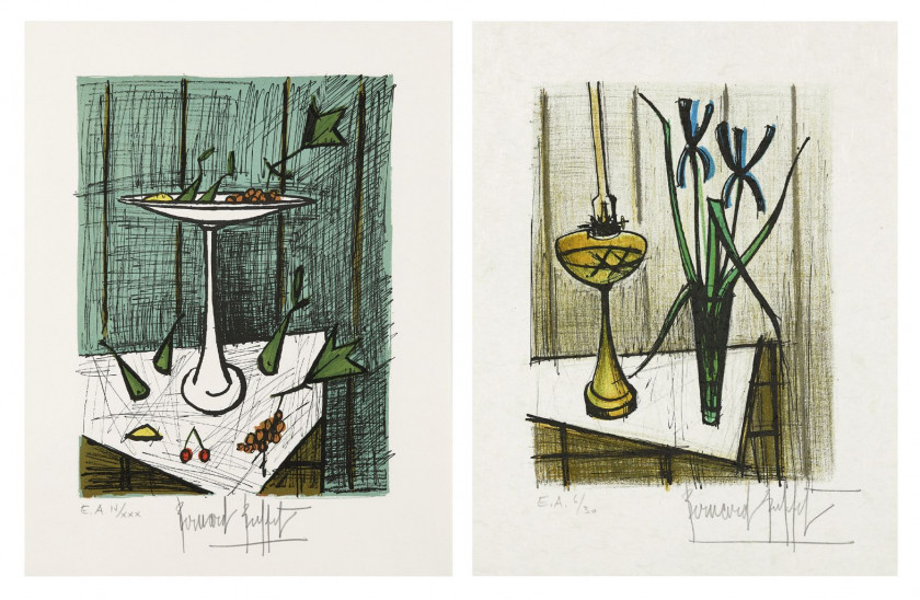 Bernard BUFFET (1928 - 1999) Nature morte aux Iris et Petite nature morte au compotier – 1979/1980 2 lithographies en couleurs