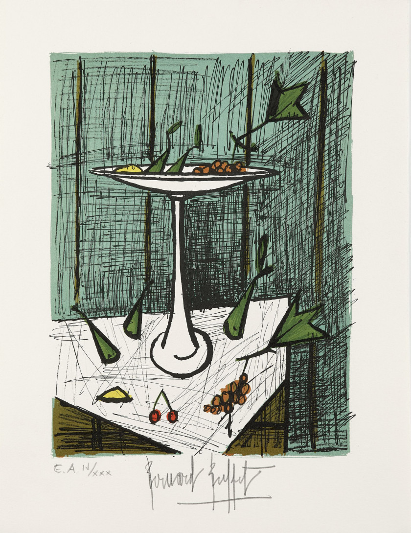 Bernard BUFFET (1928 - 1999) Nature morte aux Iris et Petite nature morte au compotier – 1979/1980 2 lithographies en couleurs