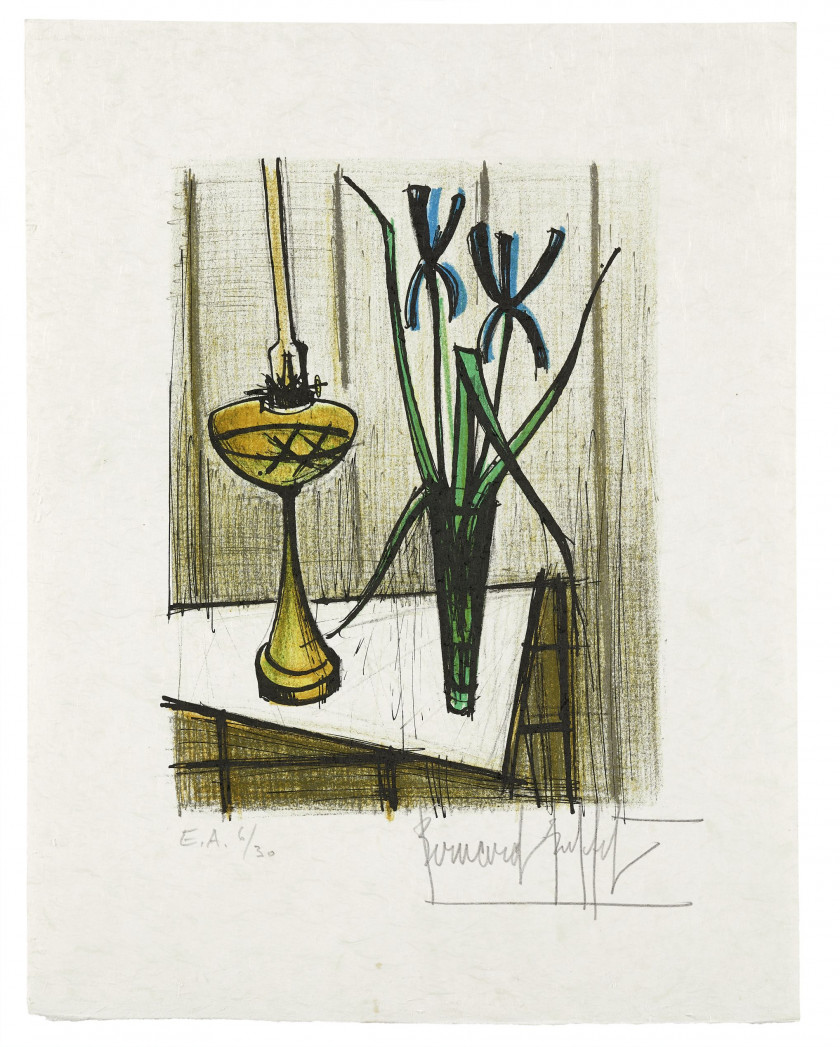 Bernard BUFFET (1928 - 1999) Nature morte aux Iris et Petite nature morte au compotier – 1979/1980 2 lithographies en couleurs