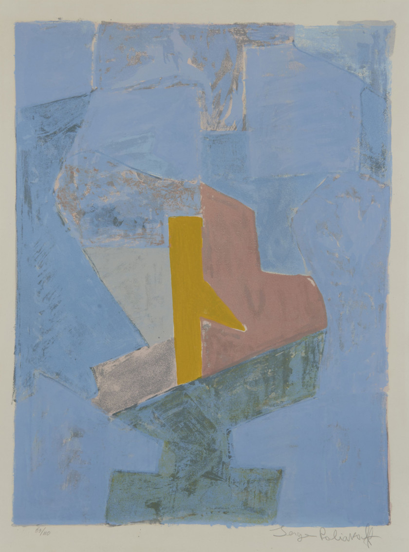 ¤ Serge POLIAKOFF (1900 - 1969) Composition Bleu, Jaune et Rouge - 1954 Lithographie en couleurs