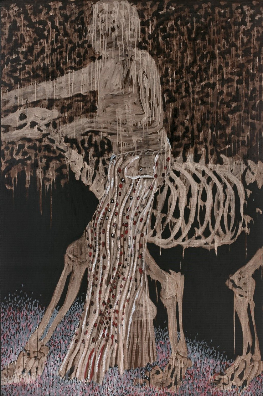 Omar BA Né en 1977 - Sénégal Man and Lion walking in the darkness, 2012 Gouache, encre et crayon sur carton ondulé