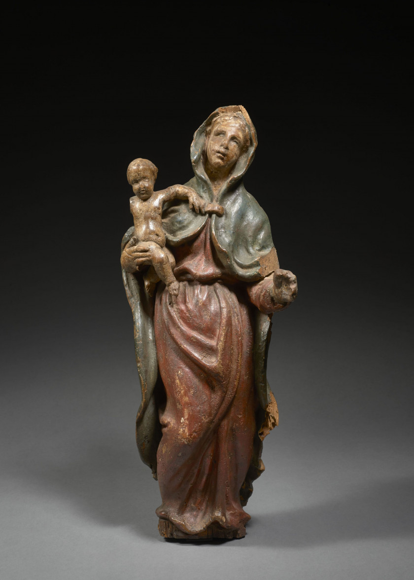 GROUPE EN BOIS PEINT POLYCHROME, FRANCE, DEUXIÈME MOITIÉ DU XVIe SIÈCLE Vierge à l'Enfant