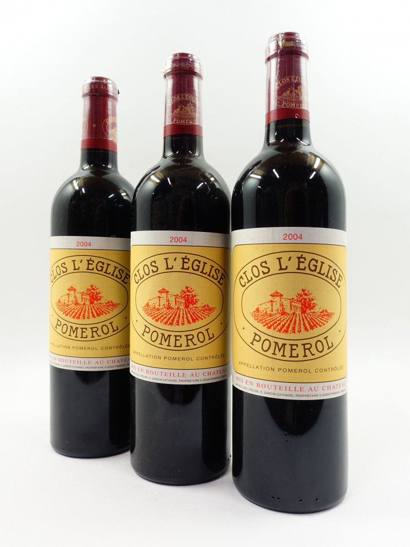 3 bouteilles CLOS L'EGLISE 2004 Pomerol