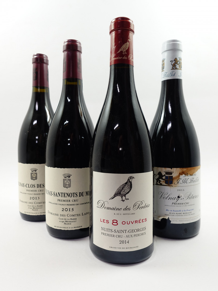 9 bouteilles 3 bts : VOLNAY 2015 1er cru Pitures. Jean Marc Boillot (1 étiquette très abimée)