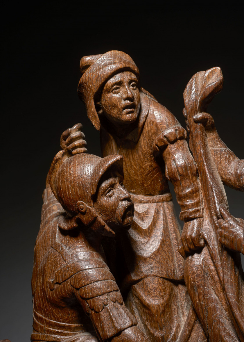 GROUPE D'UN RETABLE EN CHÊNE SCULPTÉ, FLANDRES, ANVERS, VERS 1500-1515 Scène de la Passion du Christ représentant le partage des vêt..