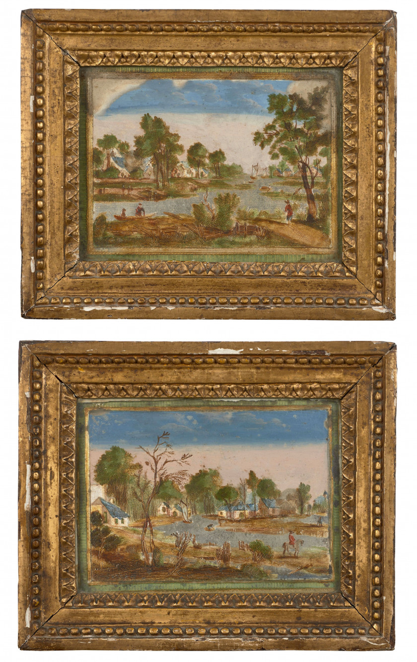 DEUX PANNEAUX DE LA DEUXIÈME MOITIÉ DU XVIIIe SIÈCLE Attribués à Thomas Compigné "Environs de Twickenham" et "Paysage maritime"