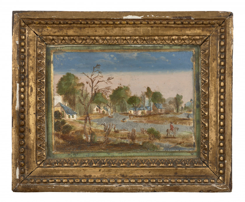 DEUX PANNEAUX DE LA DEUXIÈME MOITIÉ DU XVIIIe SIÈCLE Attribués à Thomas Compigné "Environs de Twickenham" et "Paysage maritime"