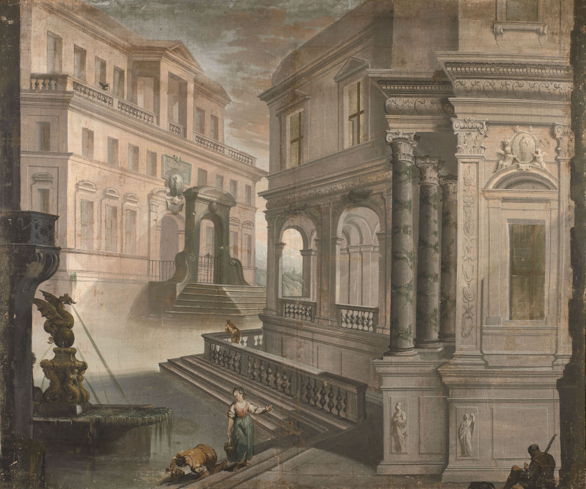 TEMPERA SUR TOILE, ÉCOLE DU DEBUT DU XIXe SIÈCLE  Caprice architectural à la fontaine et aux palais animés de personnages