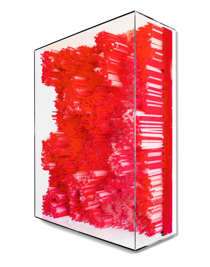 ¤ Francesca PASQUALI (Née en 1980) Red straws - 2015 Pailles rouges et transparentes sur panneau de bois et cadre en métal laqué rouge