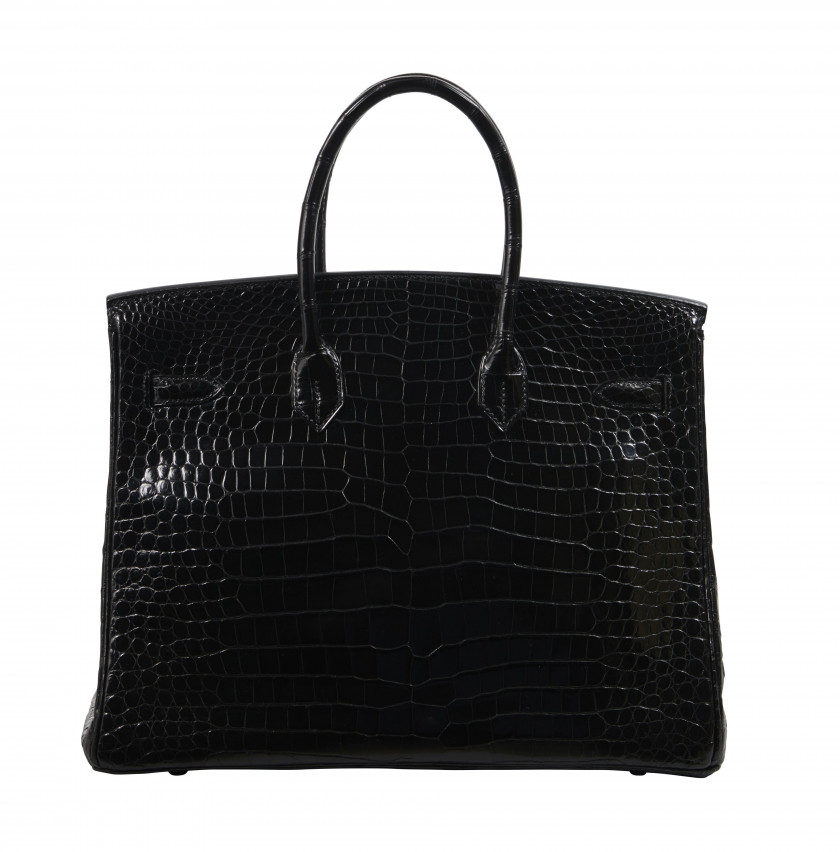 HERMÈS 2005  Sac BIRKIN 35 Crocodile d'estuaire lisse noir (Crocodylus porosus) II/B Garniture métal argenté palladié R...