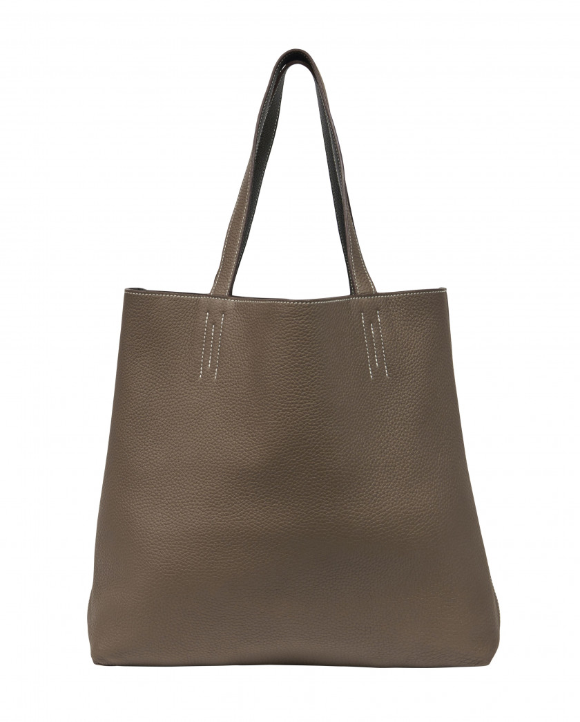 HERMÈS 2012  Sac DOUBLE SENS 36 Taurillon Clémence Étoupe et marron foncé Piqué sellier blanc Dimensions : 36 x 33 x 14...