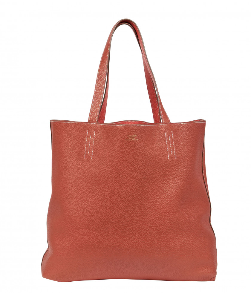 HERMÈS 2014  Sac DOUBLE SENS 36 Taurillon Clémence Sanguine et Rose Jaipur Piqué sellier blanc Dimensions : 36 x 33 x 14...