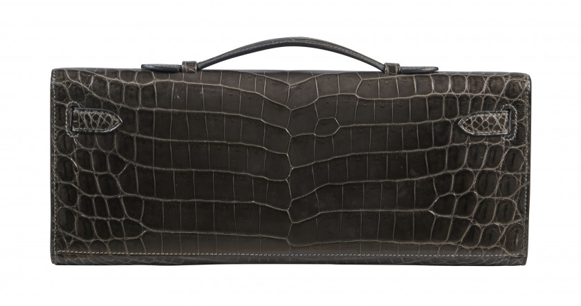 HERMÈS 2012  Pochette KELLY CUT Crocodile du Nil Gris Éléphant (Crocodylus niloticus) II/B Garniture métal argenté palladi...