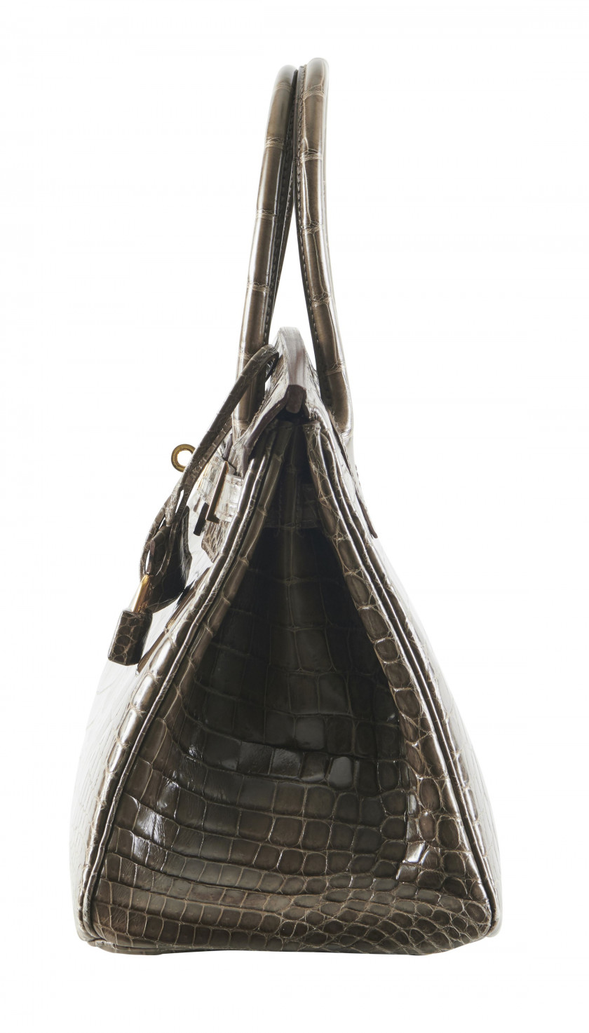 HERMÈS 2010  Sac BIRKIN 30 Crocodile du Nil lisse Gris Éléphant (Crocodylus niloticus) II/B Garniture métal plaqué or R...