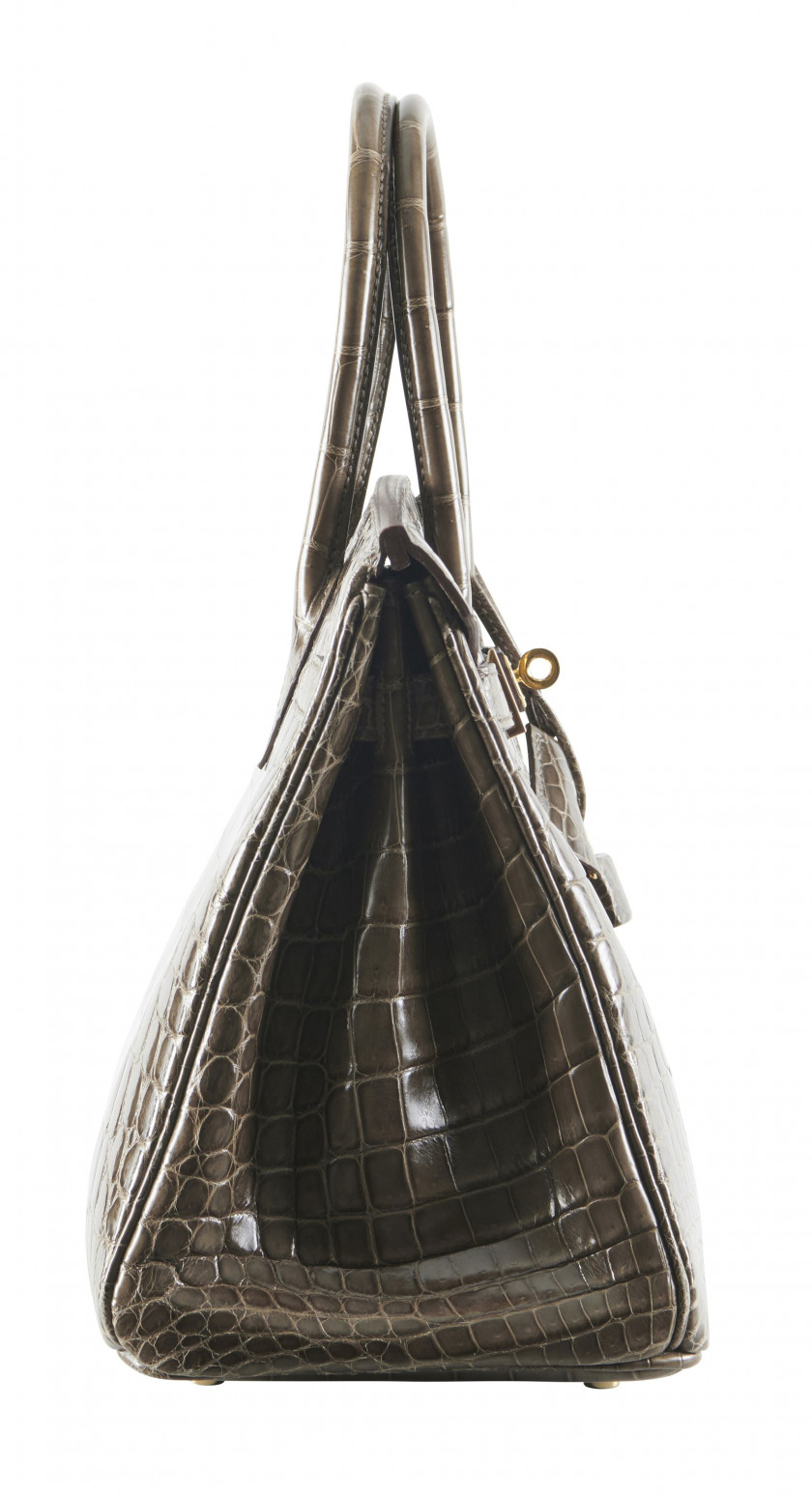 HERMÈS 2010  Sac BIRKIN 30 Crocodile du Nil lisse Gris Éléphant (Crocodylus niloticus) II/B Garniture métal plaqué or R...