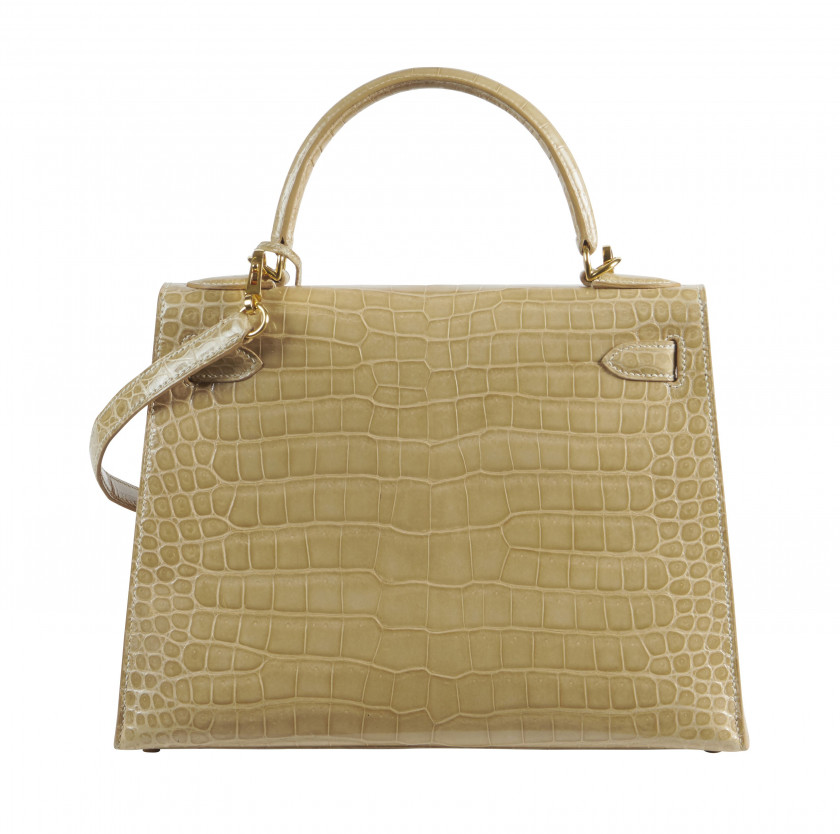 HERMÈS 2000 Sac KELLY Sellier 28 Crocodile d'estuaire lisse beige (Crocodylus porosus) II/B Garniture métal plaqué or Band...