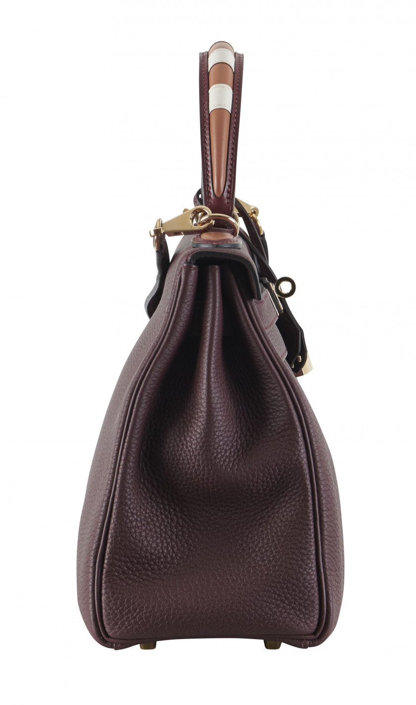 HERMÈS Commande Spéciale 2019  Sac KELLY Retourné AU TROT 28 Taurillon Clémence Prune Poignée en box Prune, gold et blan...