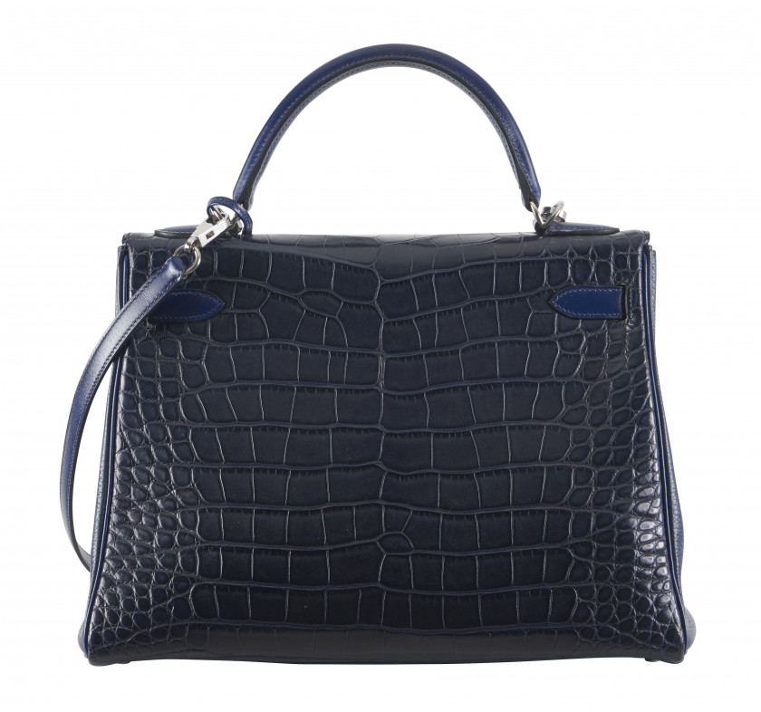 HERMÈS Édition Limitée 2014  Sac KELLY Retourné 32 Taurillon Clémence et box Bleu Saphir Alligator mat Indigo (Alligator...