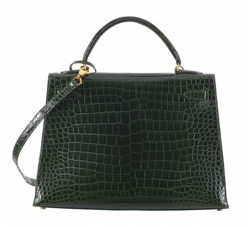 HERMÈS 1996  Sac KELLY Sellier 32 Crocodile d'estuaire lisse vert (Crocodylus porosus) II/B Garniture métal plaqué or Ba...