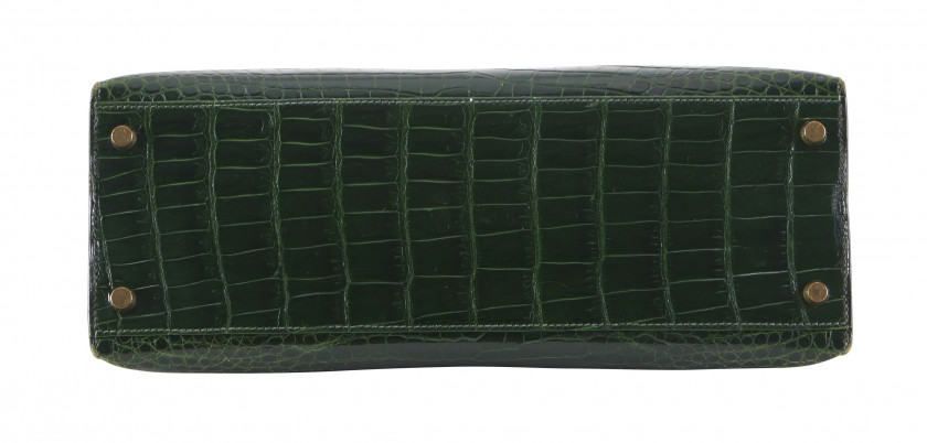 HERMÈS 1996  Sac KELLY Sellier 32 Crocodile d'estuaire lisse vert (Crocodylus porosus) II/B Garniture métal plaqué or Ba...