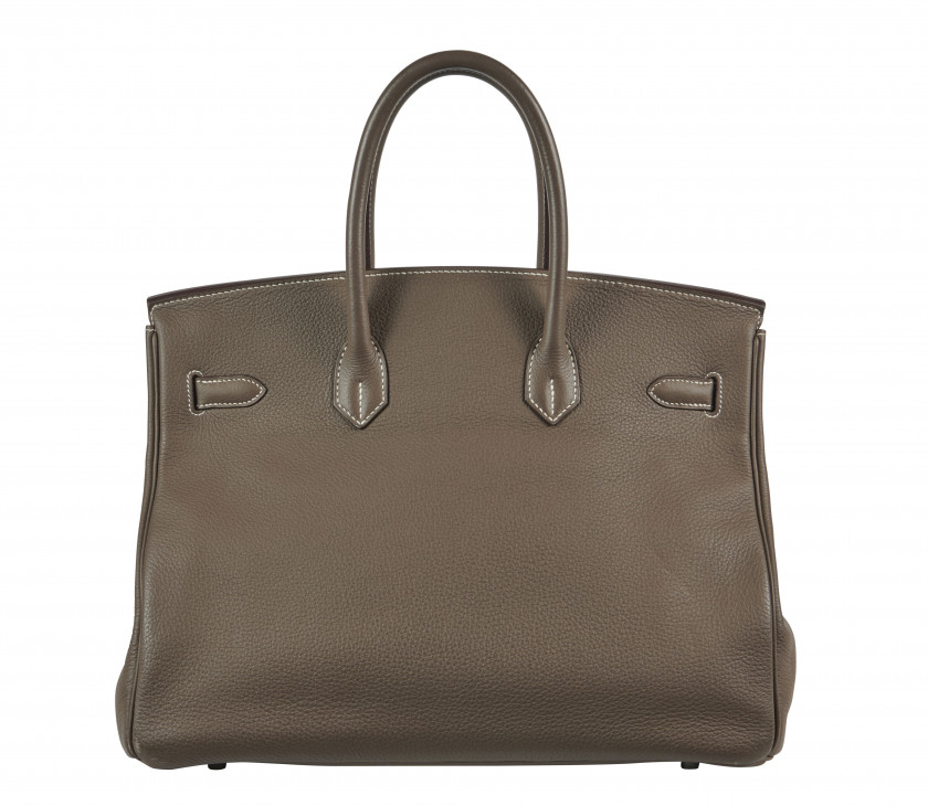 HERMÈS 2009  Sac BIRKIN 35 Veau Togo Étoupe Piqué sellier blanc Garniture métal argenté palladié  BIRKIN 35 bag Ét...