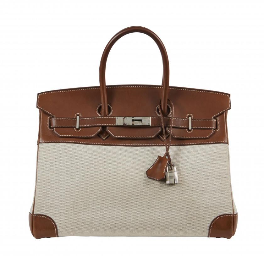 HERMÈS 2003  Sac BIRKIN 35 Veau Barénia Fauve et toile "H" Piqué sellier blanc Garniture métal argenté palladié  BIR...