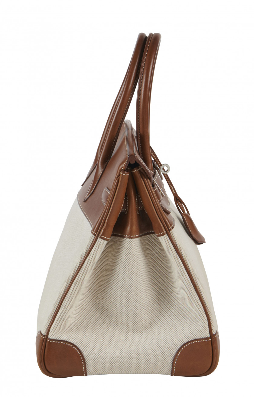 HERMÈS 2003  Sac BIRKIN 35 Veau Barénia Fauve et toile "H" Piqué sellier blanc Garniture métal argenté palladié  BIR...