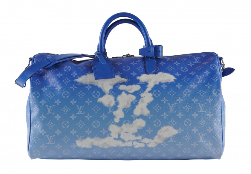 LOUIS VUITTON Automne-hiver 2020  Sac KEEPALL 50 Toile Monogram Clouds et cuir bleu Garnitures en métal argenté Anse ban...