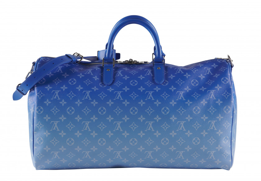 LOUIS VUITTON Automne-hiver 2020  Sac KEEPALL 50 Toile Monogram Clouds et cuir bleu Garnitures en métal argenté Anse ban...