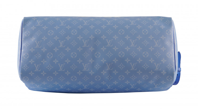 LOUIS VUITTON Automne-hiver 2020  Sac KEEPALL 50 Toile Monogram Clouds et cuir bleu Garnitures en métal argenté Anse ban...