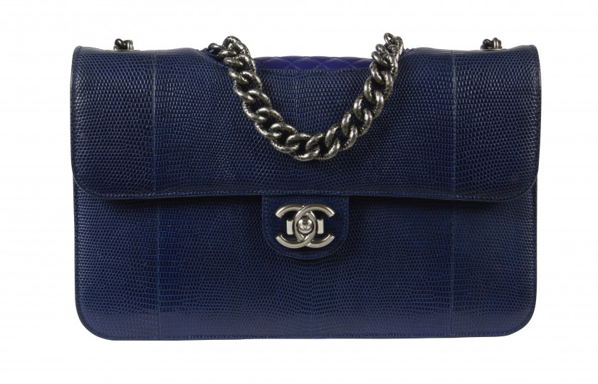 CHANEL 2012  Sac PERFECT EDGE Lézard bleu et cuir matelassé (Varanus Niloticus) II/B Anses chaînes Garnitures en métal a...