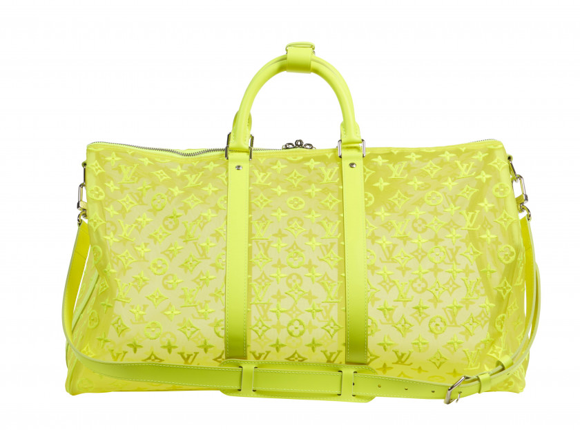 LOUIS VUITTON Automne-hiver 2019  Sac KEEPALL 50 Monogram See Through et cuir jaune fluo Garnitures en métal argenté Ans...