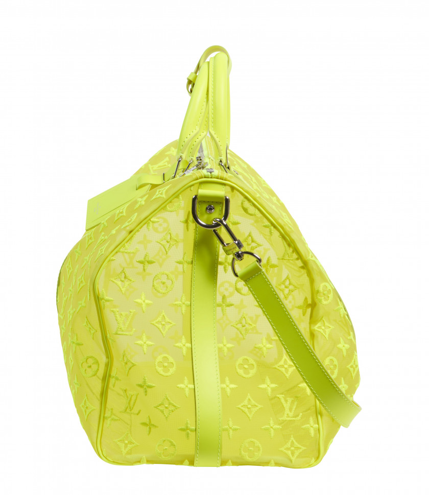 LOUIS VUITTON Automne-hiver 2019  Sac KEEPALL 50 Monogram See Through et cuir jaune fluo Garnitures en métal argenté Ans...