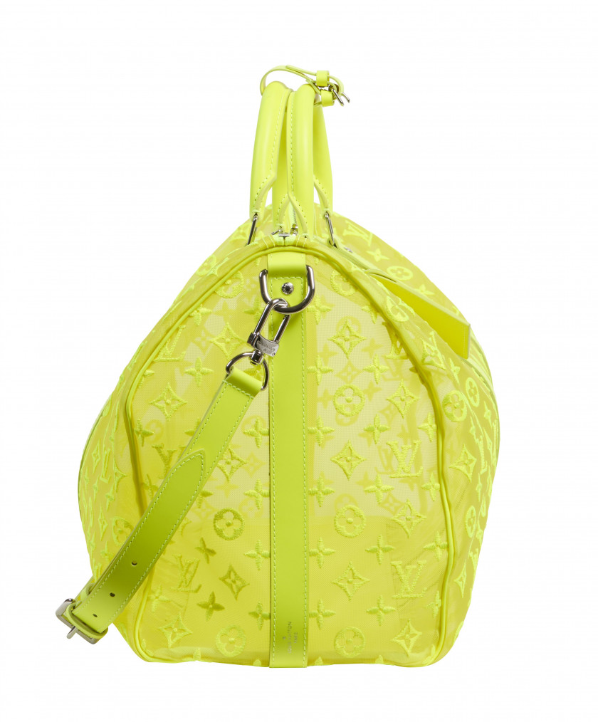 LOUIS VUITTON Automne-hiver 2019  Sac KEEPALL 50 Monogram See Through et cuir jaune fluo Garnitures en métal argenté Ans...