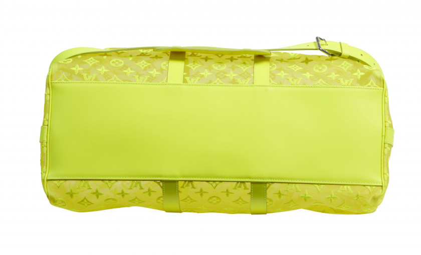 LOUIS VUITTON Automne-hiver 2019  Sac KEEPALL 50 Monogram See Through et cuir jaune fluo Garnitures en métal argenté Ans...