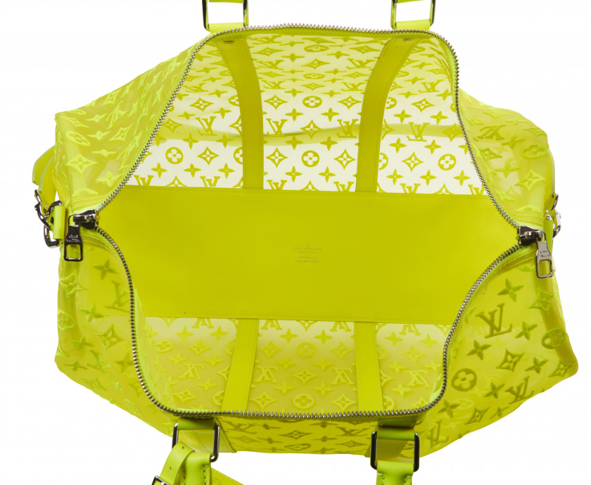 LOUIS VUITTON Automne-hiver 2019  Sac KEEPALL 50 Monogram See Through et cuir jaune fluo Garnitures en métal argenté Ans...