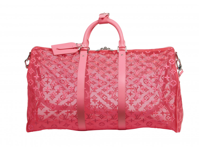 LOUIS VUITTON Automne-hiver 2019  Sac KEEPALL 50 Monogram See Through et cuir rose fluo Garnitures en métal argenté Anse...