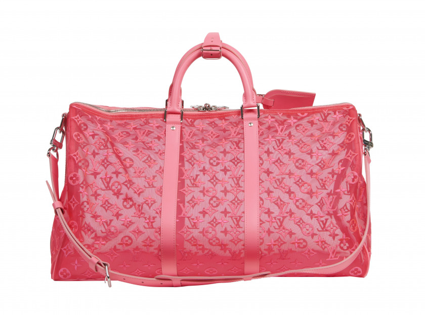 LOUIS VUITTON Automne-hiver 2019  Sac KEEPALL 50 Monogram See Through et cuir rose fluo Garnitures en métal argenté Anse...