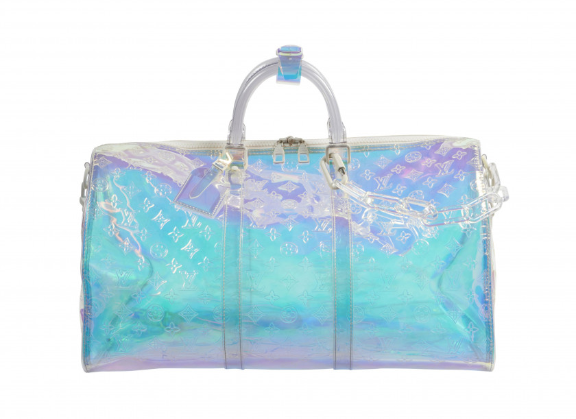 LOUIS VUITTON Printemps-été 2019  Sac KEEPALL 50 Monogram Prism iridescent Garnitures en métal blanc et acétate transparen...