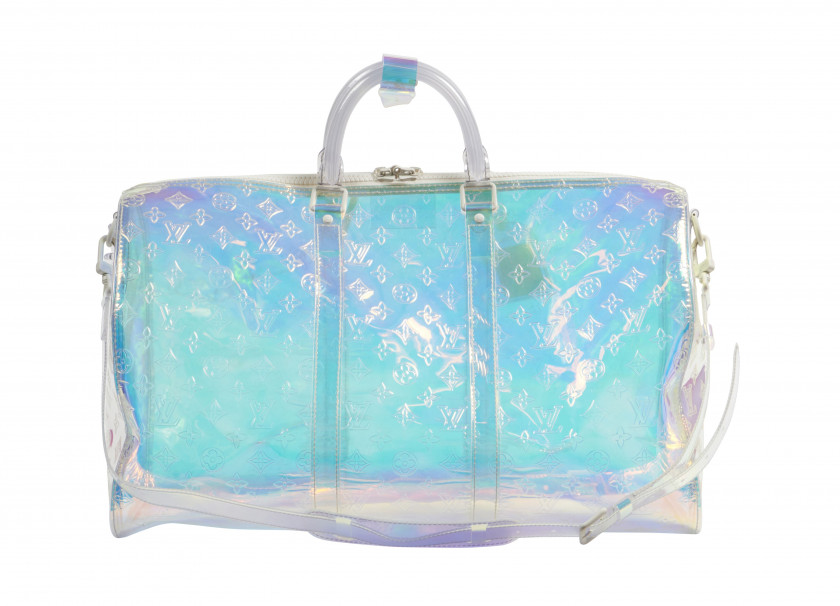 LOUIS VUITTON Printemps-été 2019  Sac KEEPALL 50 Monogram Prism iridescent Garnitures en métal blanc et acétate transparen...