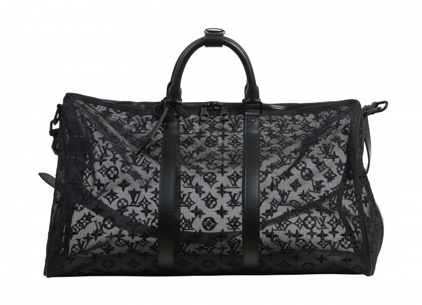 LOUIS VUITTON Automne-hiver 2019  Sac KEEPALL 50 Monogram See Through et cuir noir Garnitures en métal noir Anse bandoul...