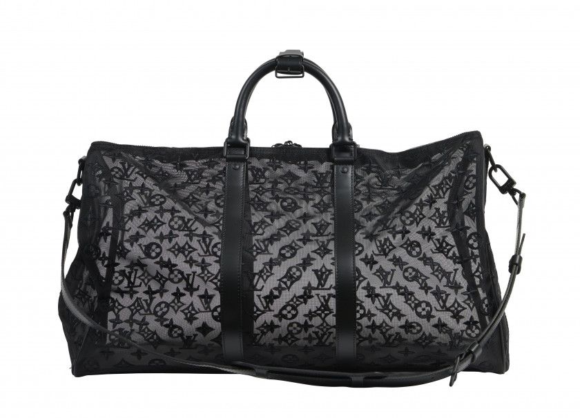 LOUIS VUITTON Automne-hiver 2019  Sac KEEPALL 50 Monogram See Through et cuir noir Garnitures en métal noir Anse bandoul...