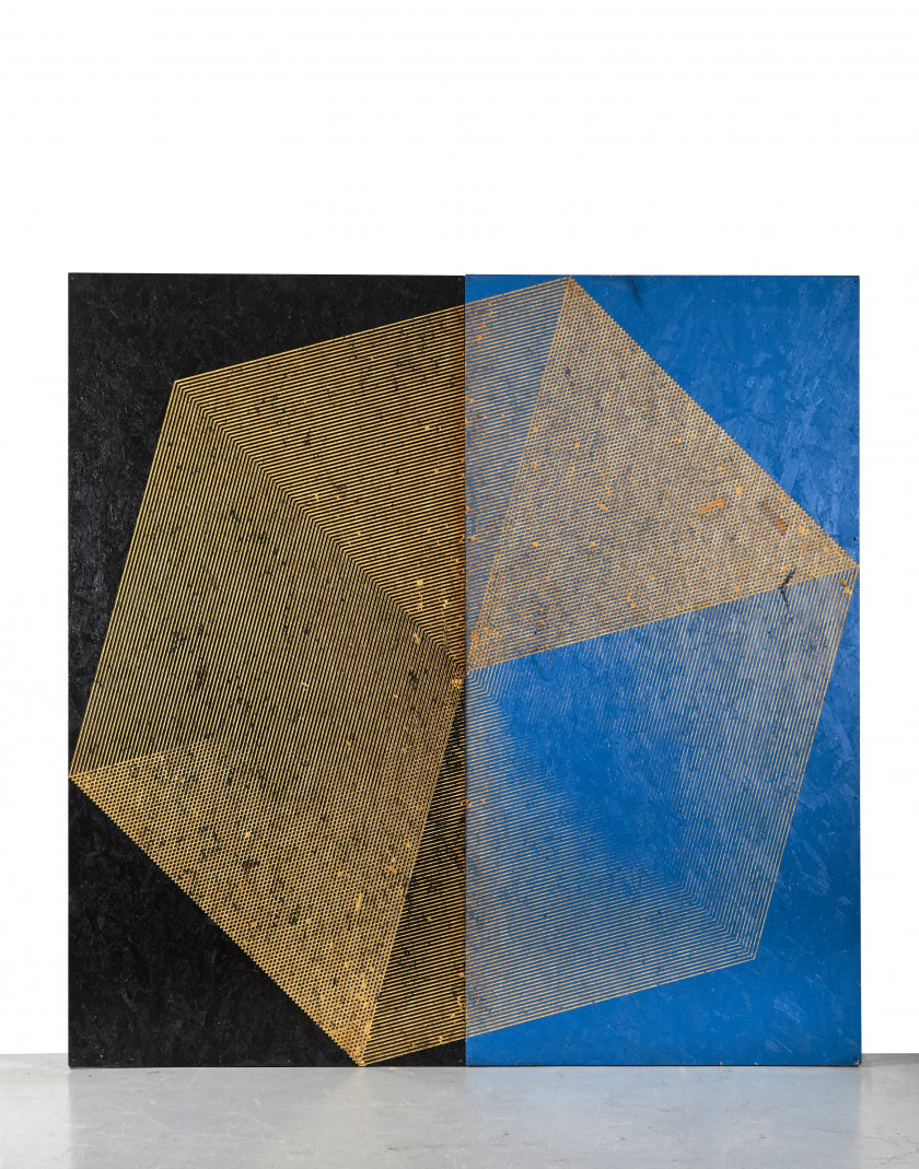 Michael DeLUCIA (Américain - Né en 1978) Cube (Black / Blue )- 2011 Acrylique sur deux panneaux d'OBS