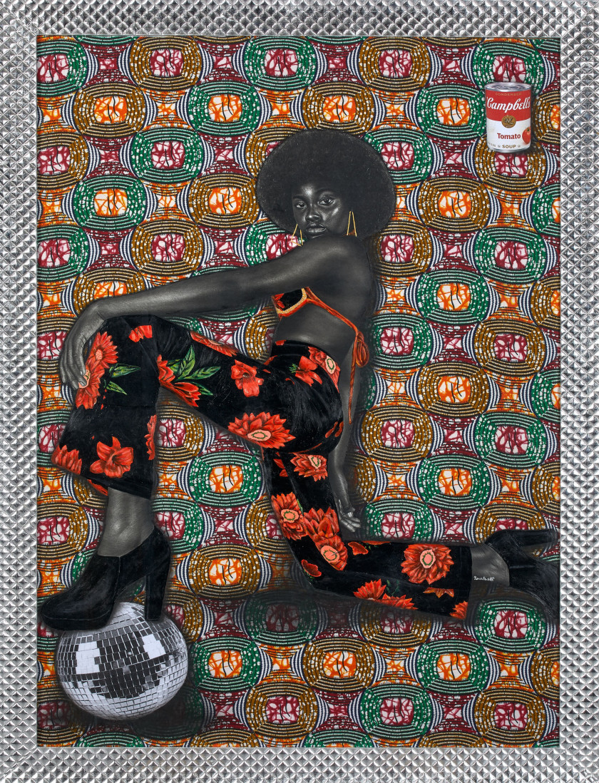 Olamilekan ABATAN (Nigérian - Né en 1997) Club 54, 2022 Acrylique, fusain, collages de papier et de tissus wax sur papier