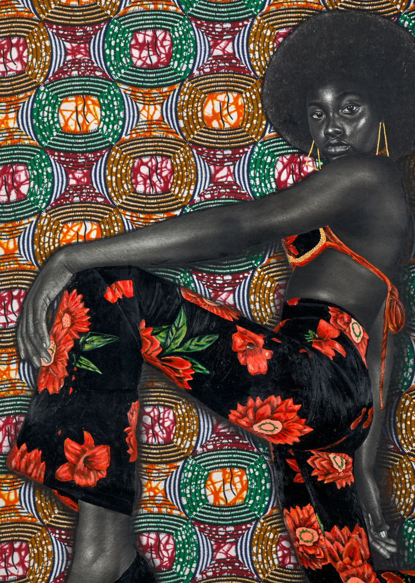 Olamilekan ABATAN (Nigérian - Né en 1997) Club 54, 2022 Acrylique, fusain, collages de papier et de tissus wax sur papier