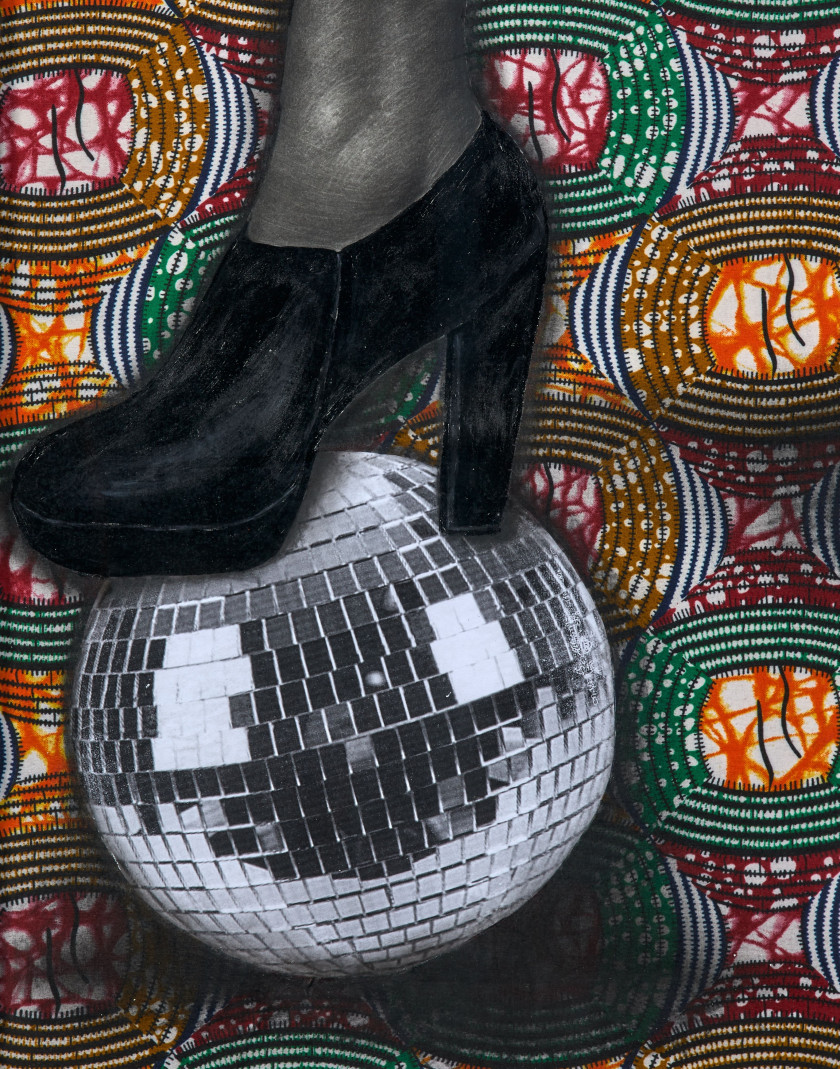 Olamilekan ABATAN (Nigérian - Né en 1997) Club 54, 2022 Acrylique, fusain, collages de papier et de tissus wax sur papier