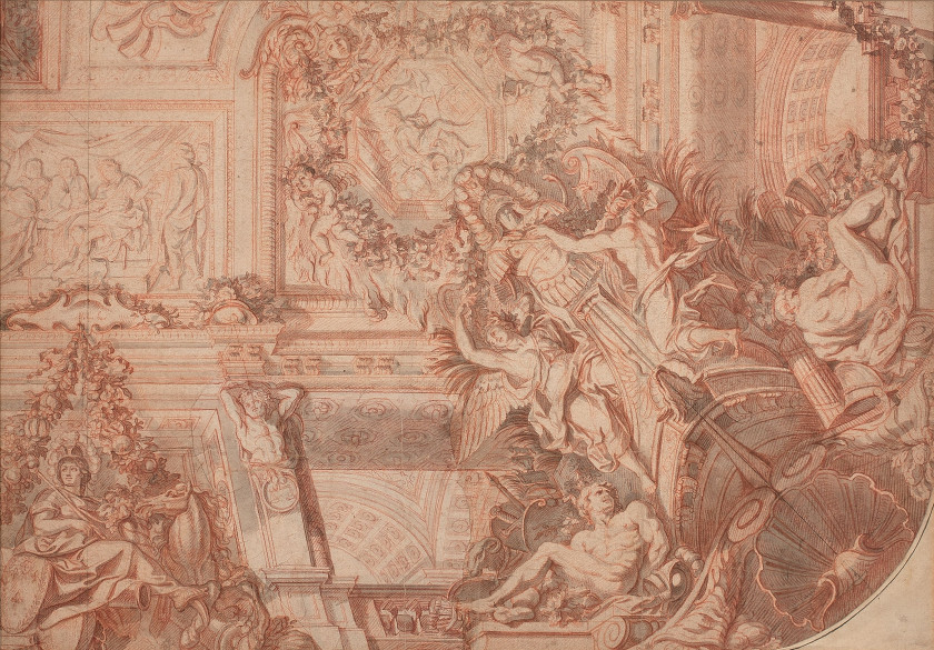 ¤ Atelier de Charles LE BRUN Paris, 1619 - 1690 Relevé du décor du plafond de l'Escalier du Roi au Château de Versailles Crayon noir,.