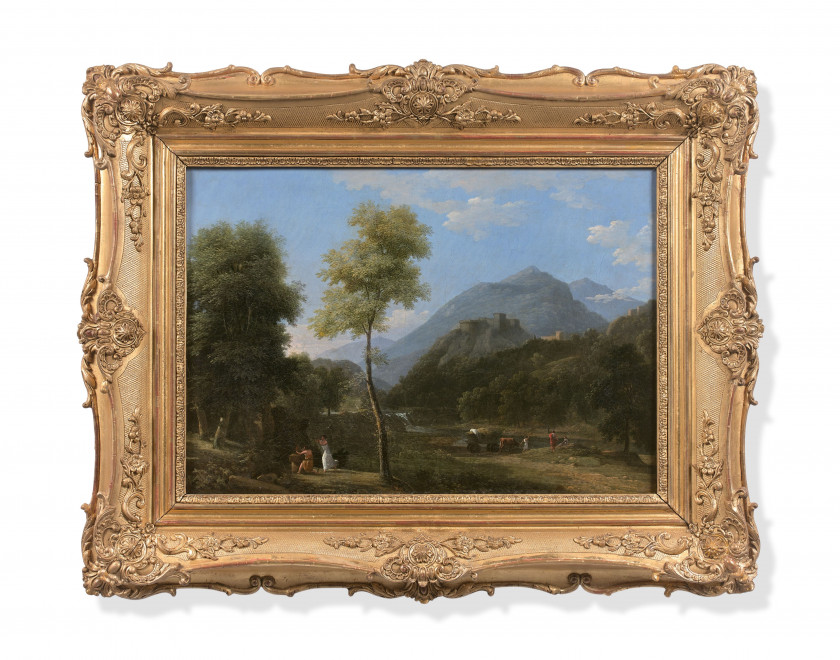 Jean-Victor BERTIN Paris, 1767 - 1842 Paysage classique animé Huile sur toile (Toile d'origine)