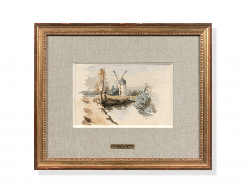 Eugène DELACROIX Charenton-Saint-Maurice, 1798 - Paris, 1863 Paysage au moulin Aquarelle sur trait de crayon