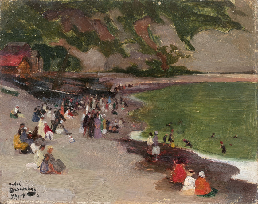 André DEVAMBEZ Paris, 1867 - 1944 Vue animée de la plage d'Yport Huile sur carton